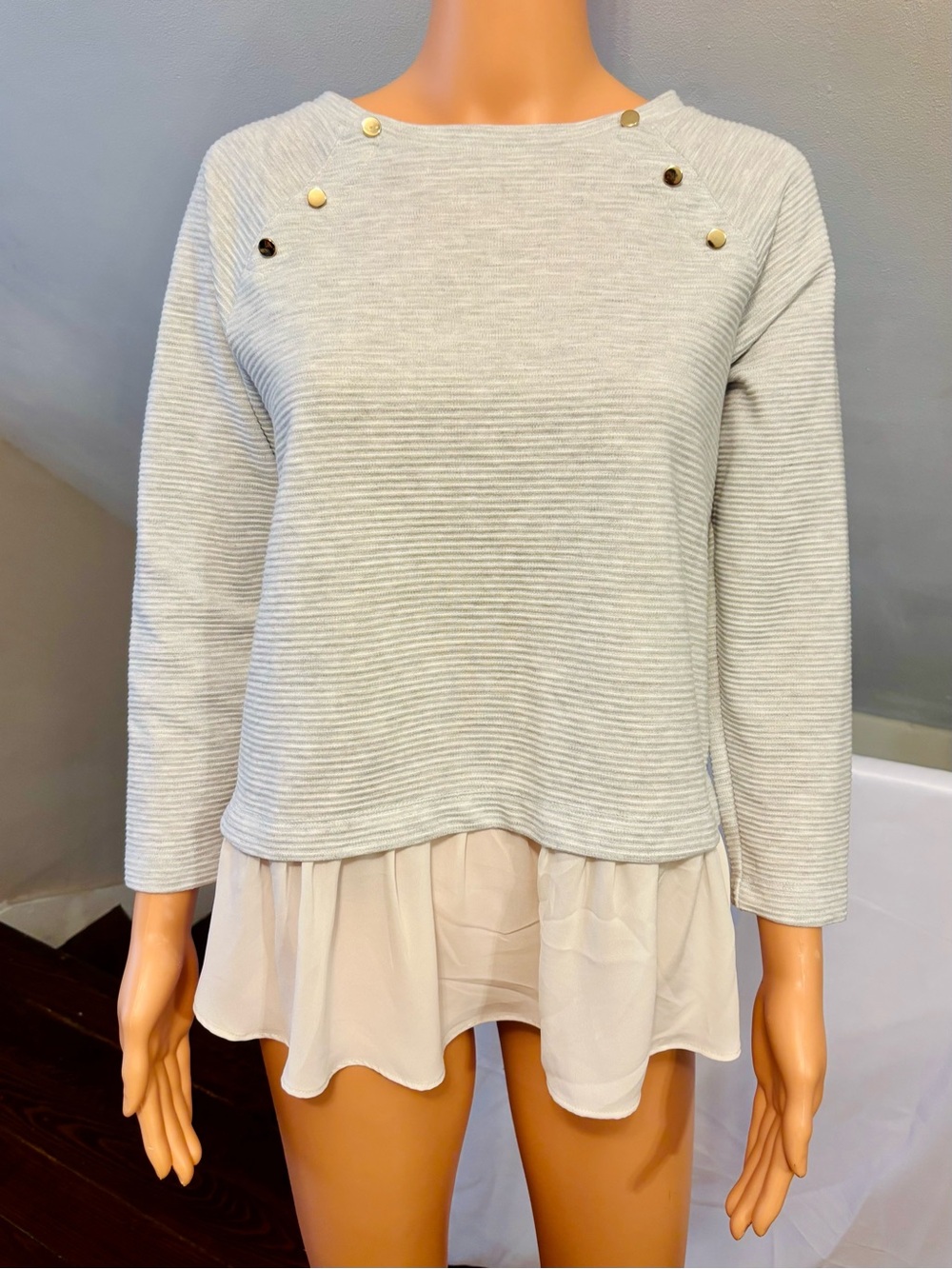 LOFT Light Gray Ribbed Sweatshirt with white Layered Hem and Gold Buttons